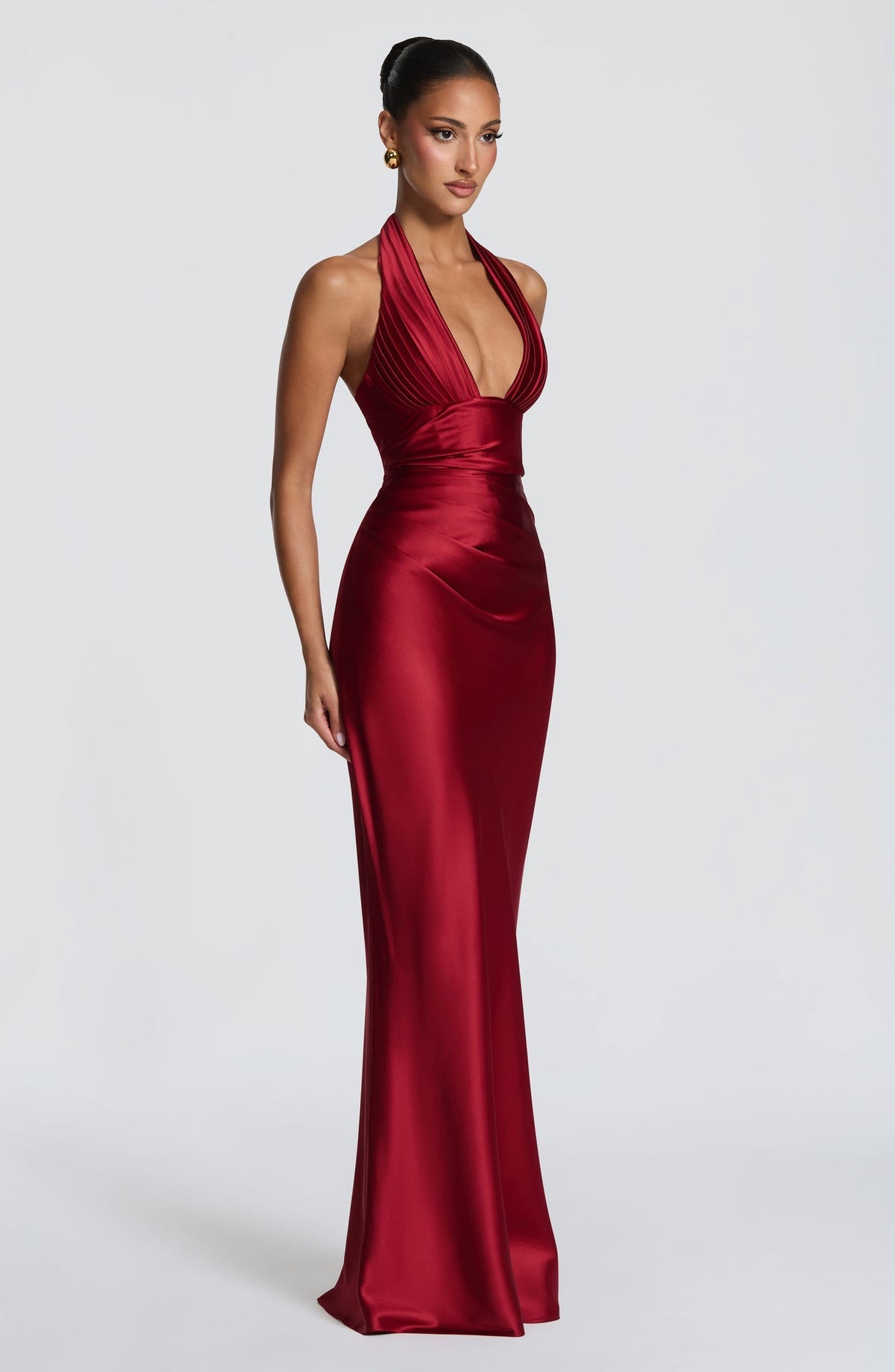 Robe Stella – Robe Longue Satinée à Col Halter et Drapé