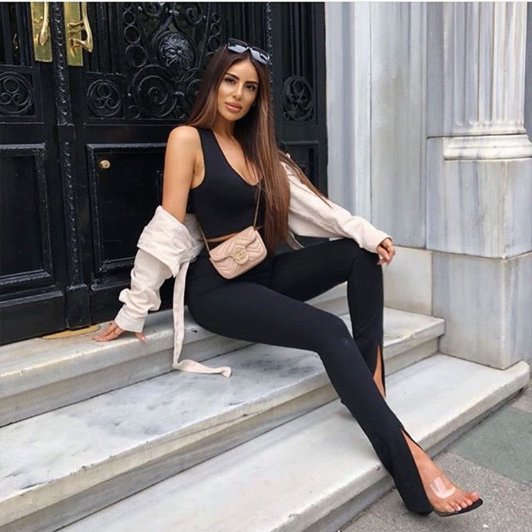 Pantalon Femme Noir Taille Haute Sculptant avec Fentes aux Chevilles