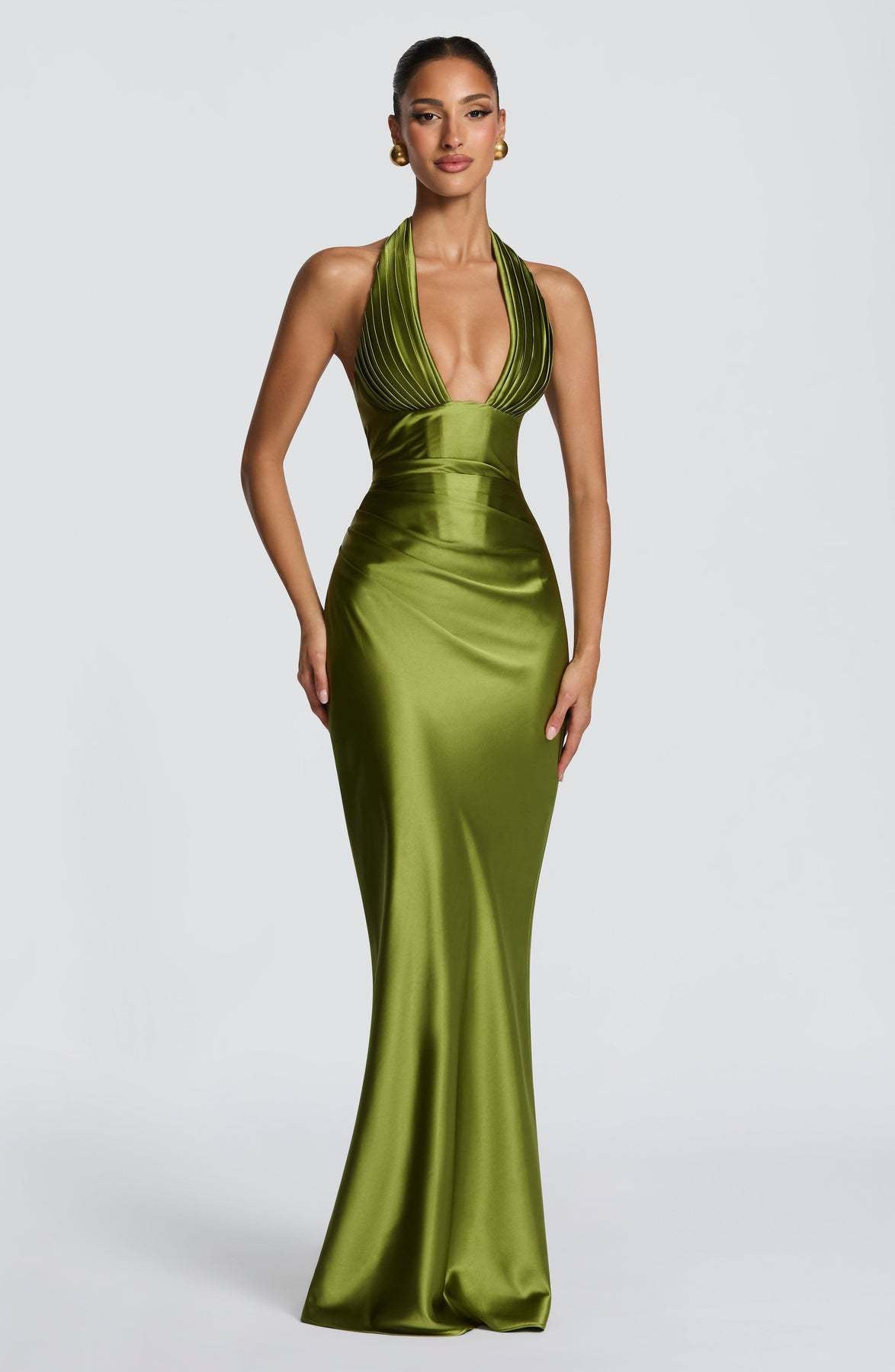 Robe Stella – Robe Longue Satinée à Col Halter et Drapé