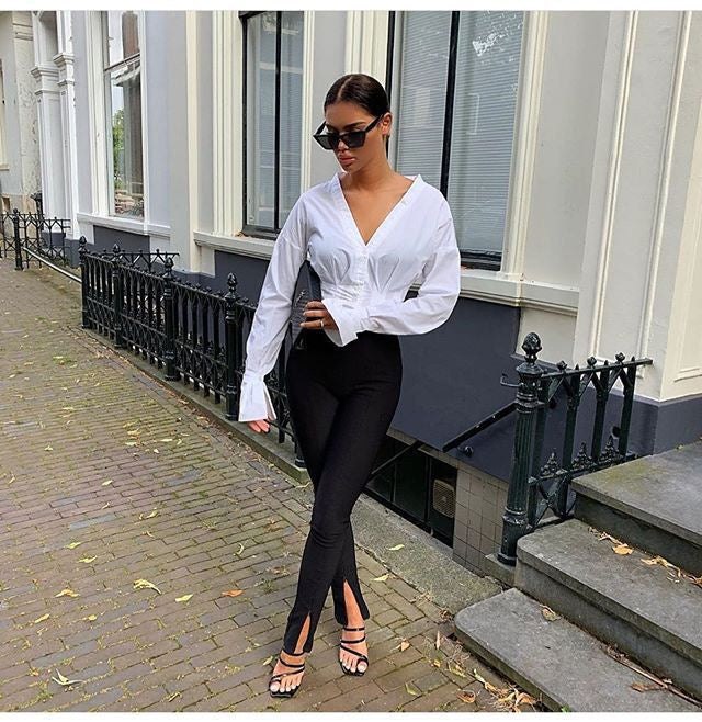 Pantalon Femme Noir Taille Haute Sculptant avec Fentes aux Chevilles