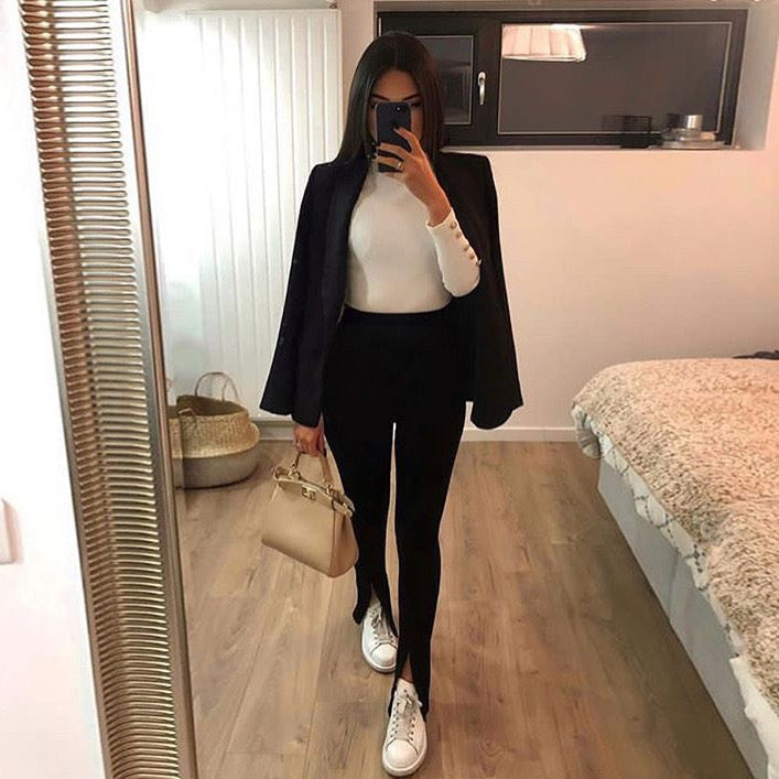 Pantalon Femme Noir Taille Haute Sculptant avec Fentes aux Chevilles