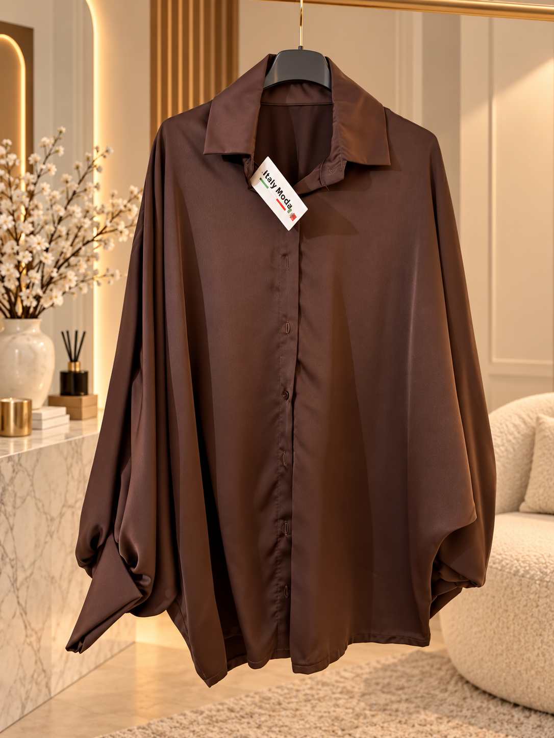 Chemise ROMA – Satin Fluide à Manches Bouffantes