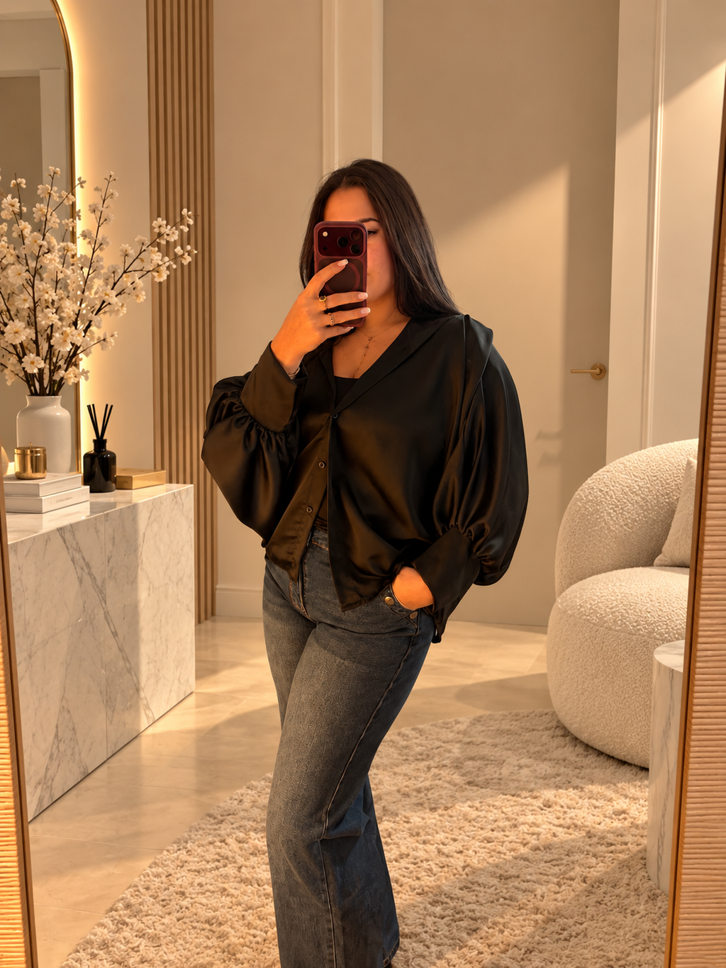 Chemise ROMA – Satin Fluide à Manches Bouffantes