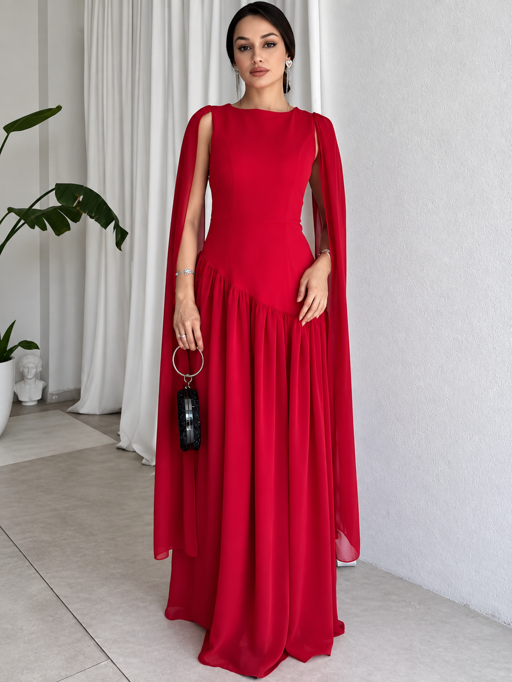 Robe Longue SUNA – Robe Élégante à Manches Cape