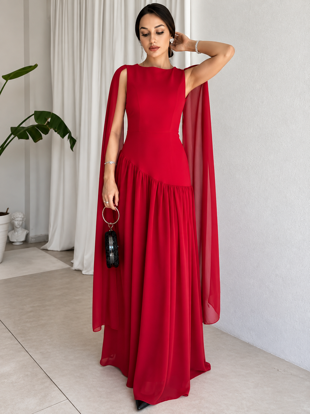 Robe Longue SUNA – Robe Élégante à Manches Cape